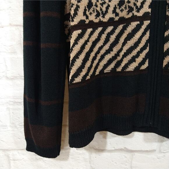 A Vintage Dylani Knitwear Zebra Leopard Print Brown Striped Full Zip Sweater L - Picture 5 of 10